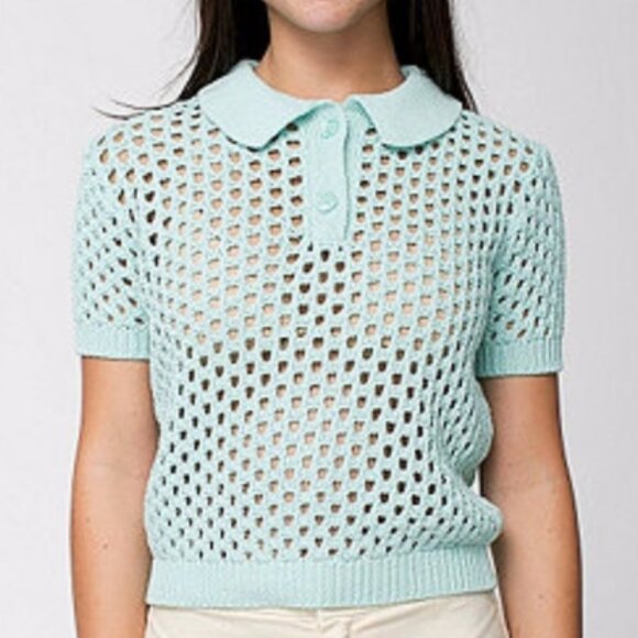 American Apparel Open Weave Knit Crop Tennis Shirt Sweater Top Seafoam Mint - M - Picture 1 of 8